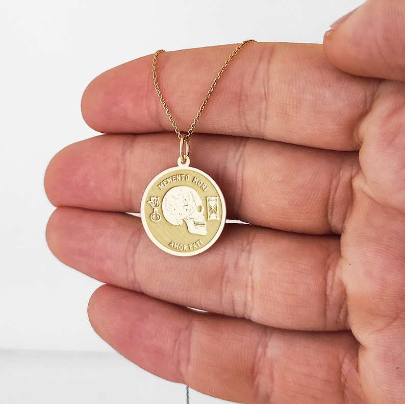 14K Real Solid Gold Memento Mori Necklace, Stoicism Gold Disc Pendant, Dainty Amor Fati Necklace, Stoic Coin Skull Necklace, Amor Fati Charm image 3