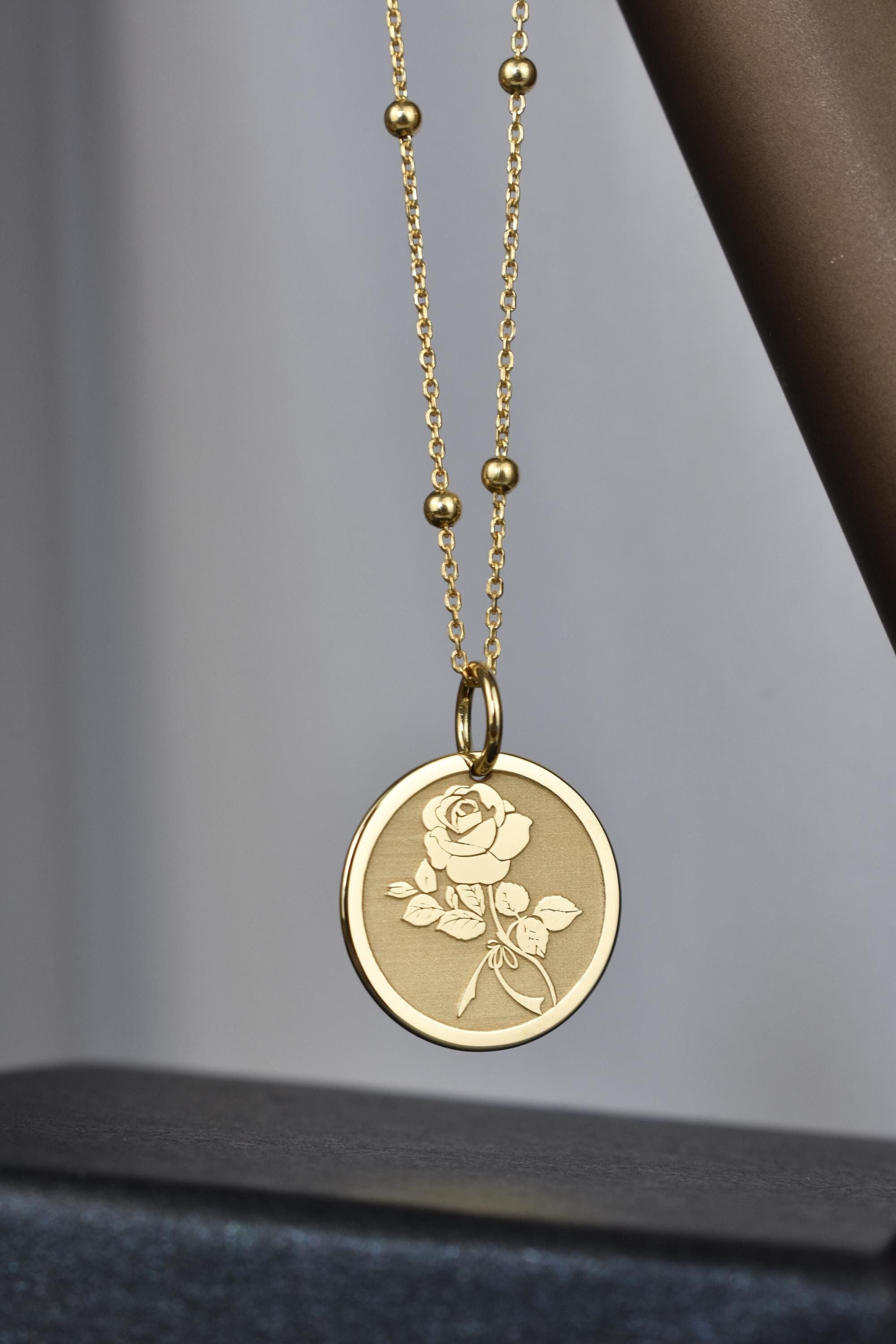 14K Solid Gold Rose Necklace, Rose Flower Pendant, Rose Jewelry, Flower of Love Charm, Personalized Anniversary Gift, Love Rose Gold Coin