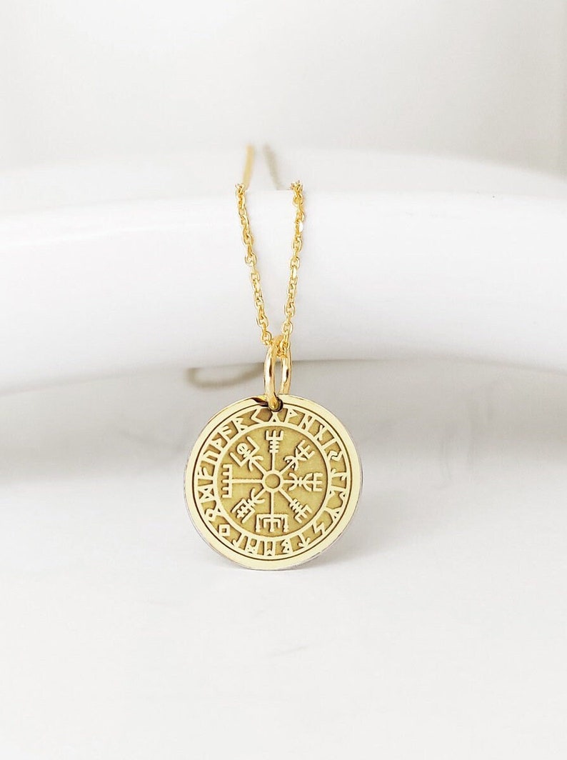 14K Solid Real Gold Vegvisir Compass Necklace, Gold Viking Compass Pendant, Viking Disc Charm, Nordic Compass Jewelry, Pagan Compass Pendant image 1