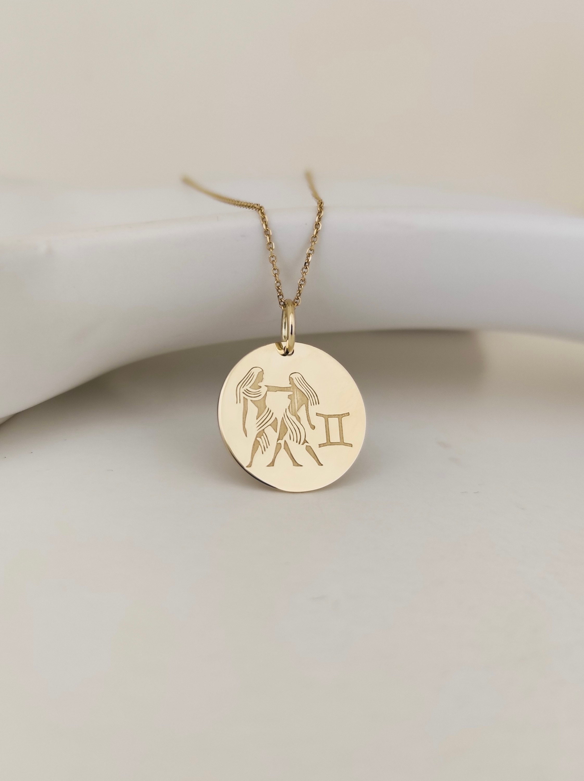 14K Gold Gemini Necklace Zodiac Sign Pendant Astrology