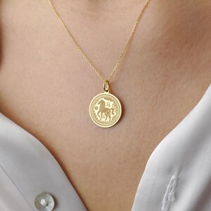 Peut inclure: Un collier en or avec un pendentif rond grav&eacute; d'un cheval et du caract&egrave;re chinois correspondant. Le m&eacute;daillon circulaire pr&eacute;sente une bordure d&eacute;corative et est suspendu &agrave; une fine cha&icirc;ne en or, reposant sur une chemise blanche &agrave; col.