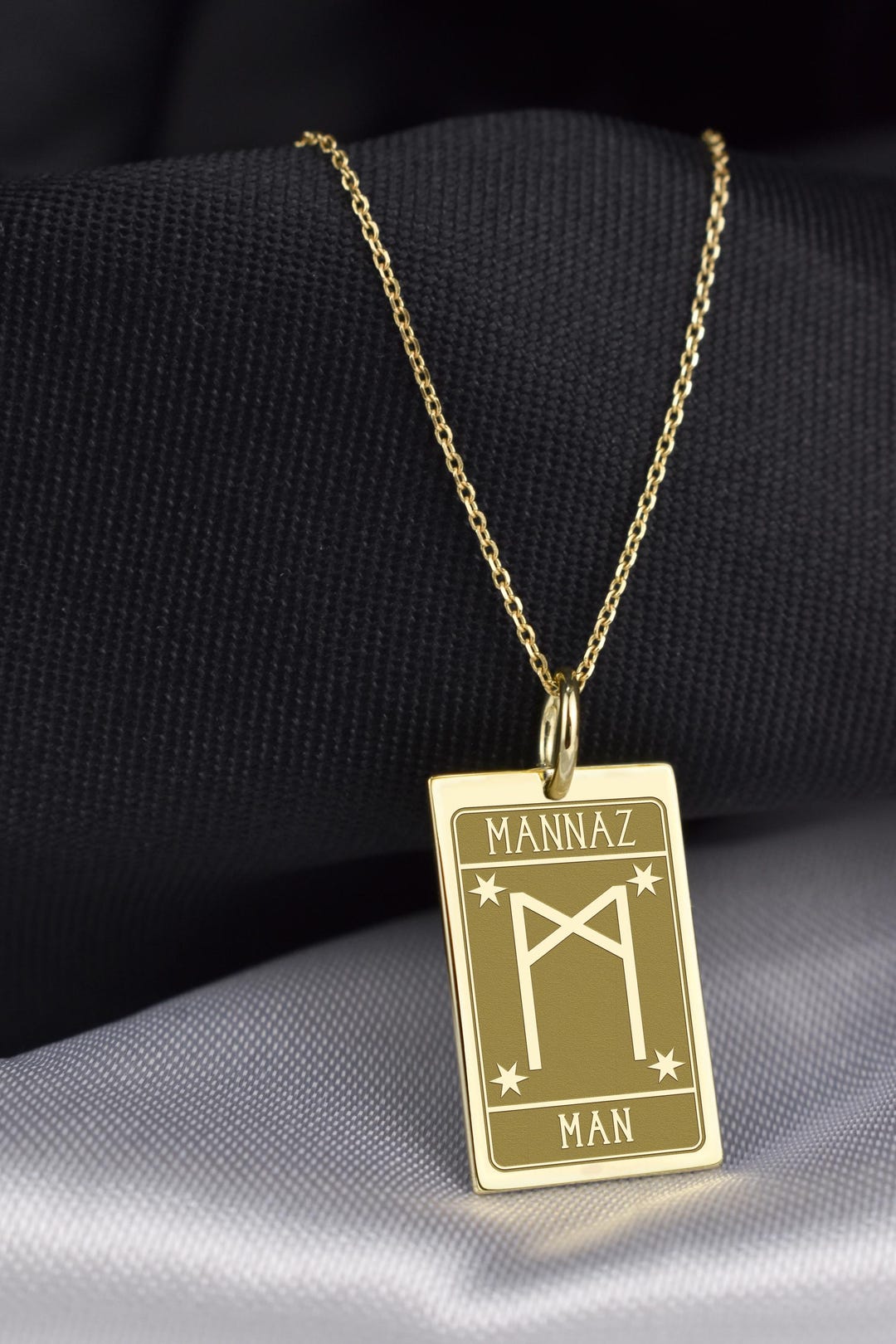 14K Gold Mannaz Necklace, Asatru Talisman, Engraved Viking Amulet, Man ...