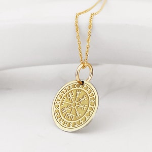 14K Solid Real Gold Vegvisir Compass Necklace, Gold Viking Compass Pendant, Viking Disc Charm, Nordic Compass Jewelry, Pagan Compass Pendant image 2