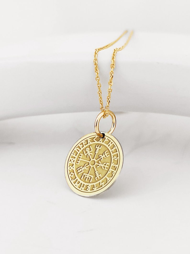14K Solid Real Gold Vegvisir Compass Necklace, Gold Viking Compass Pendant, Viking Disc Charm, Nordic Compass Jewelry, Pagan Compass Pendant image 2
