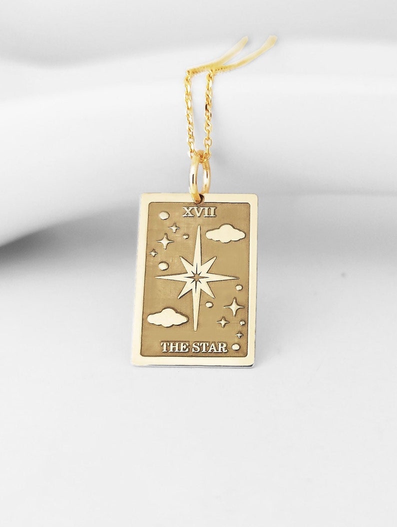 14K Real Solid Gold The Star Tarot Card Necklace, Gold Star Tarot Card Disc Pendant, Tarot Deck Charm, Tarot Reading The Star Gold Jewelry image 2