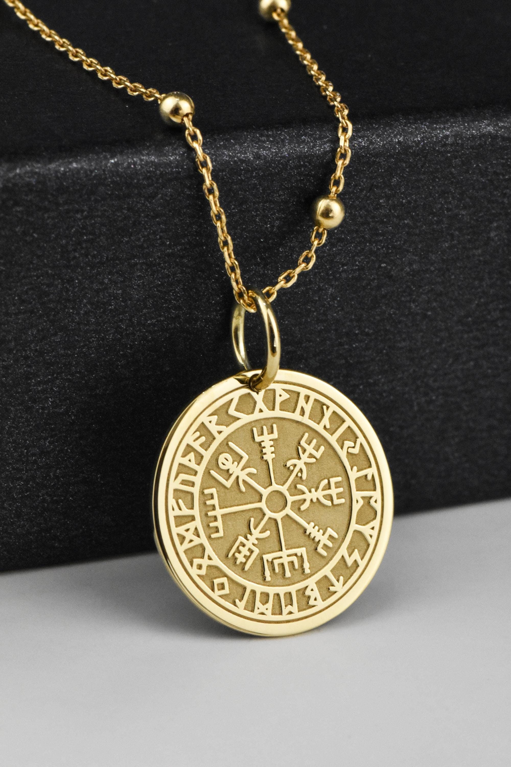 14K Solid Gold Vegvisir Compass Necklace, Personalized Viking Compass Pendant, Nordic Runes Jewelry, Viking Medallion, Icelandic Symbol Coin