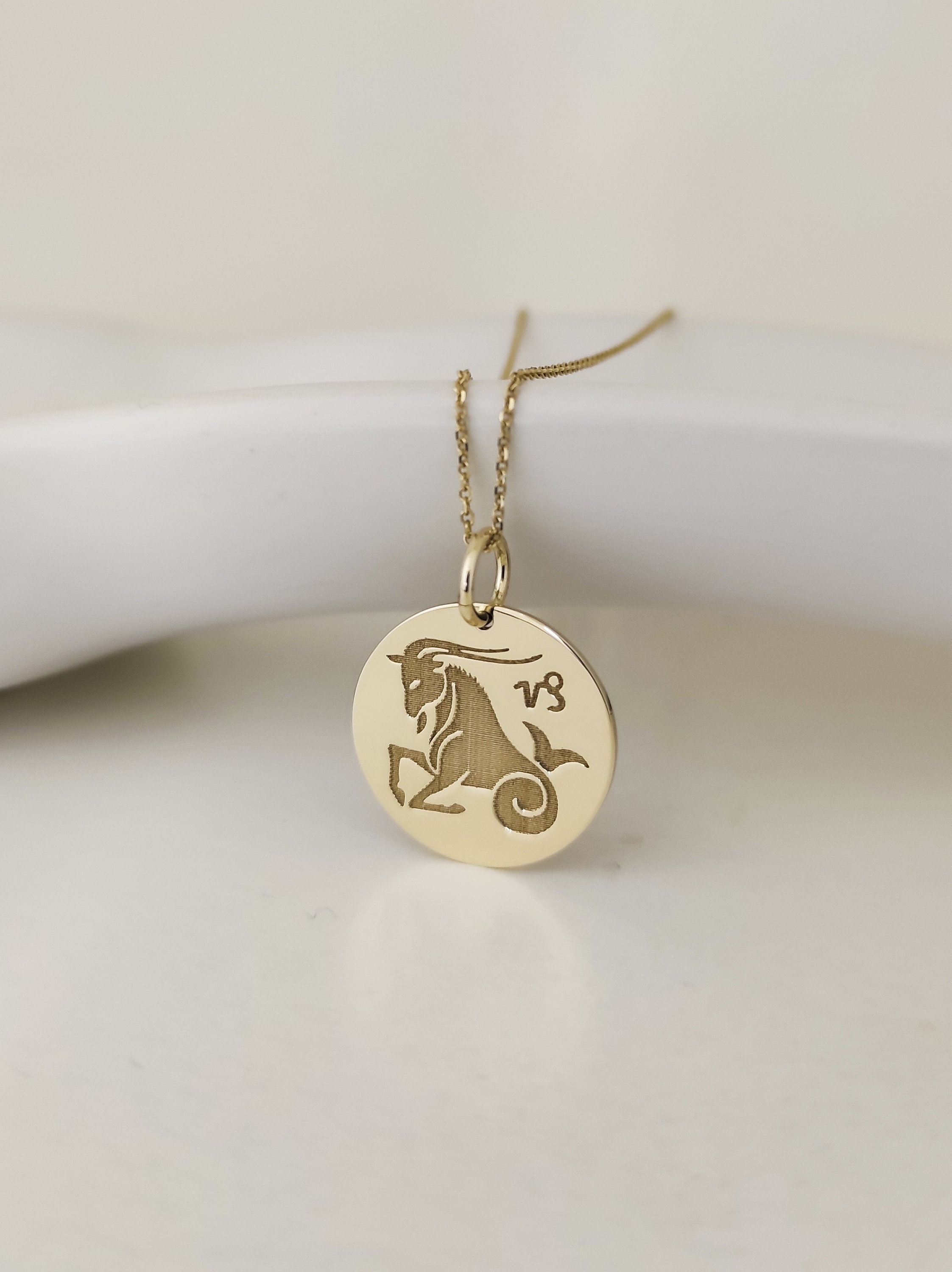 14K Gold Capricorn Necklace, Capricorn Zodiac Pendant