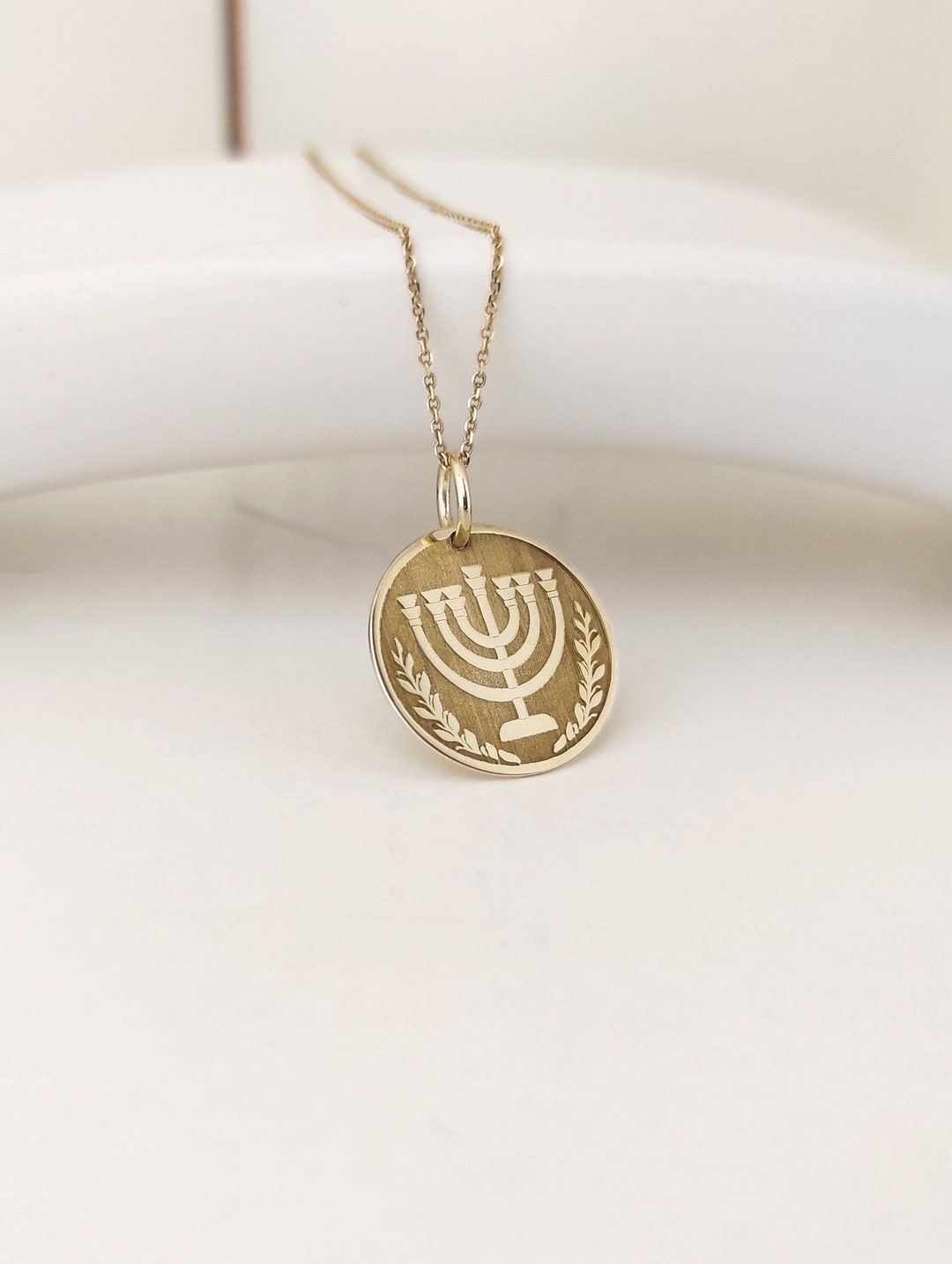 14K Real Solid Gold Menorah Necklace, Jewish Menorah Pendant Gift