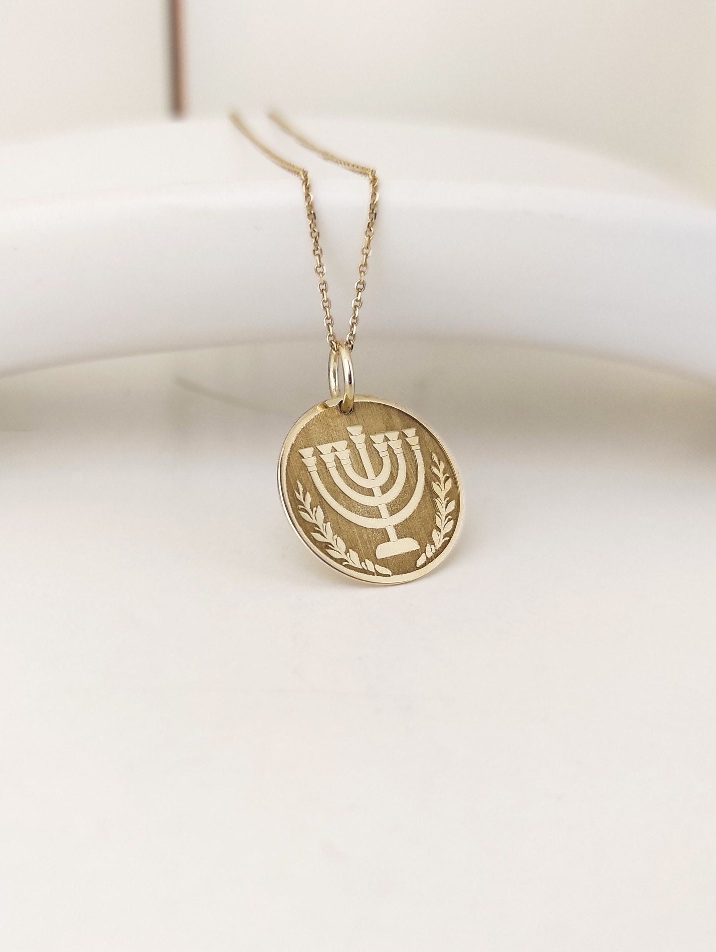 14K Real Solid Gold Menorah Necklace, Jewish Menorah Pendant
