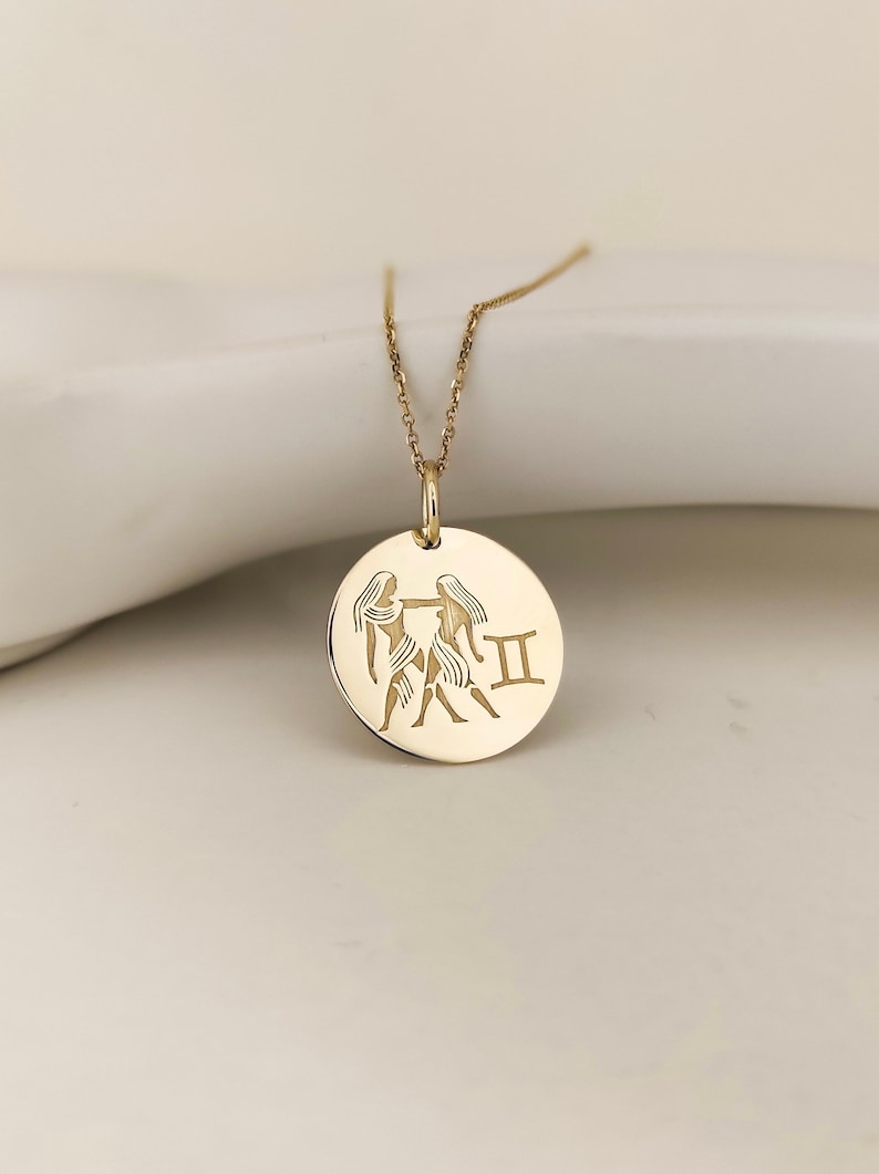 14K Gold Gemini Necklace, Zodiac Sign Pendant, Astrology Necklace, Gemini Sign Necklace, Best Friend Pendant, Gemini Gift, May Birthday Gift image 1