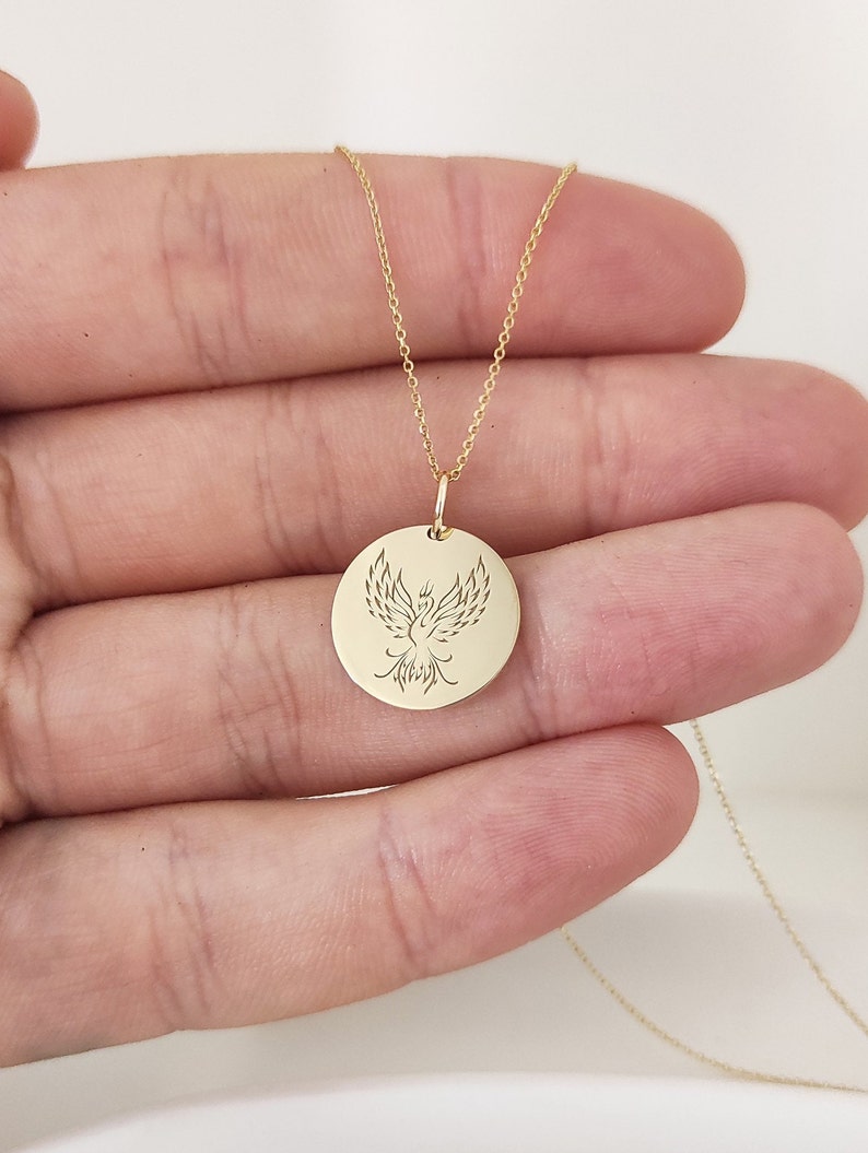 14K Real Solid Gold Phoenix Necklace Dainty Gold Phoenix Disc Etsy