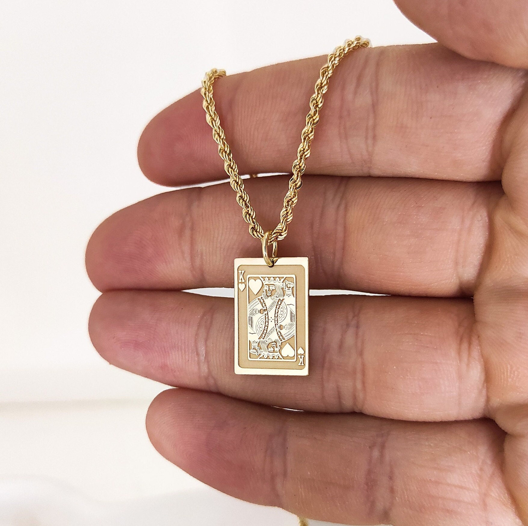 14K Gold King of Hearts Rope Chain Necklace, King Playing Card Pendant, Poker Necklace, Blackjack Necklace, King Lucky Card Charm, King Gift