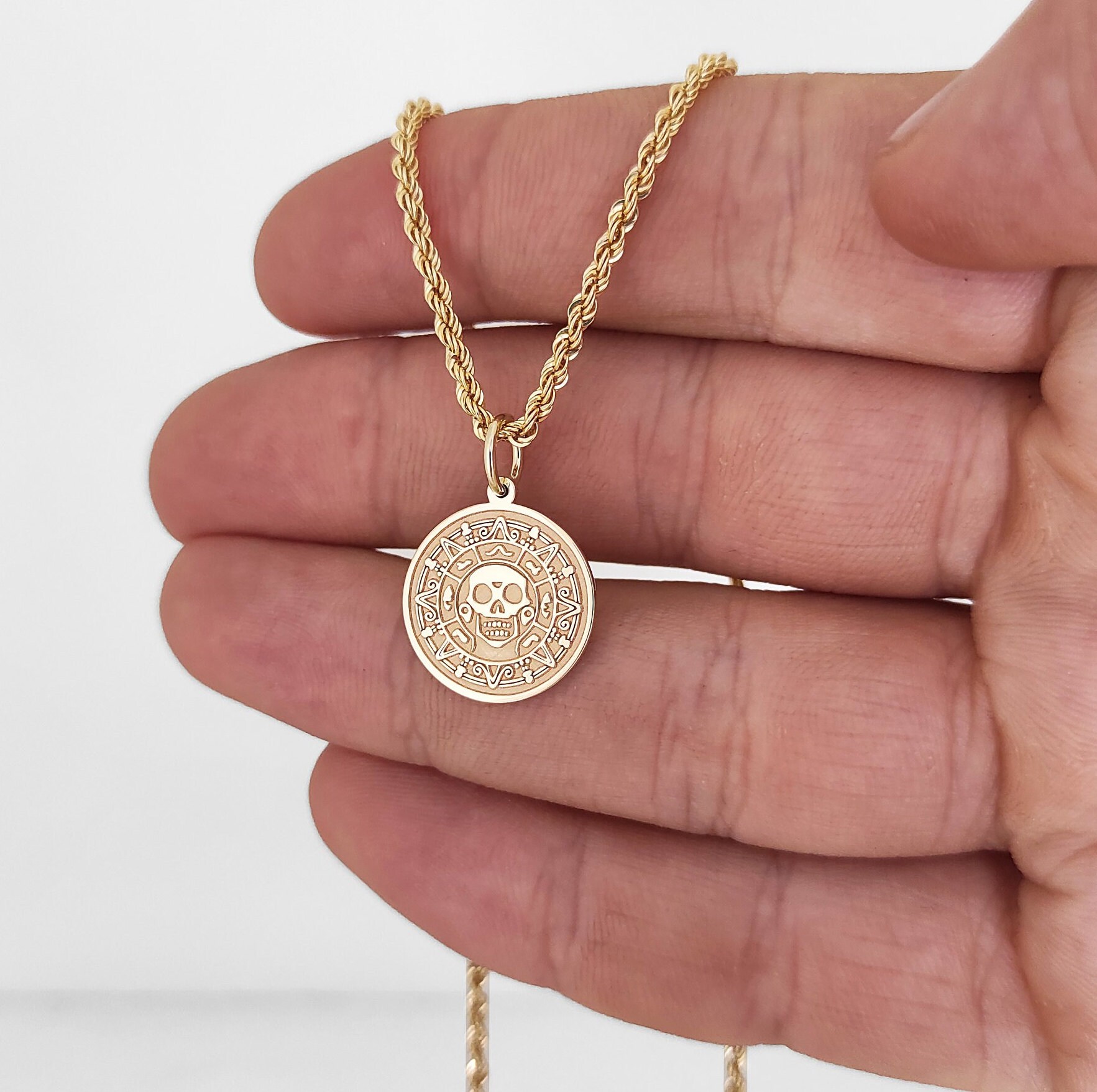 14kゴールド海賊コインロープチェーンネックレス、呪われたアステカチャーム、カリブ海賊ペンダント、海賊の宝物ジュエリー、パーソナライズされた海賊ギフト