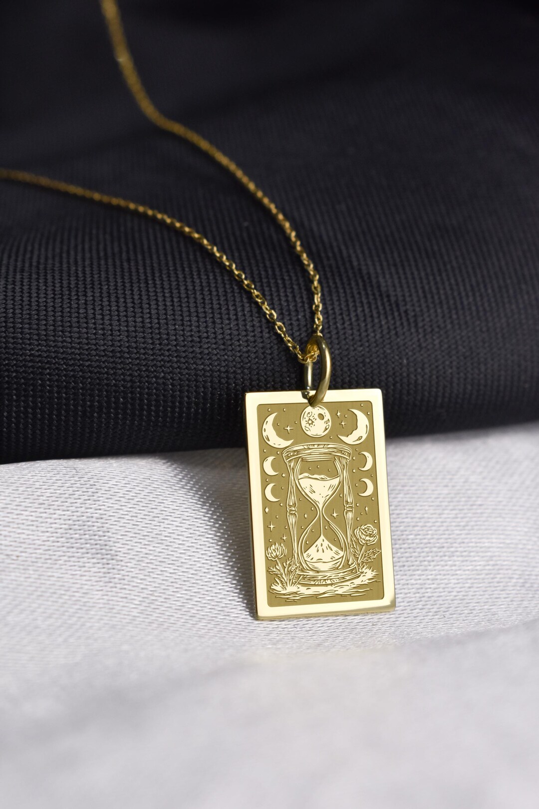 14K Gold Hourglass Necklace, Engraved Time Charm, Custom Mortality ...