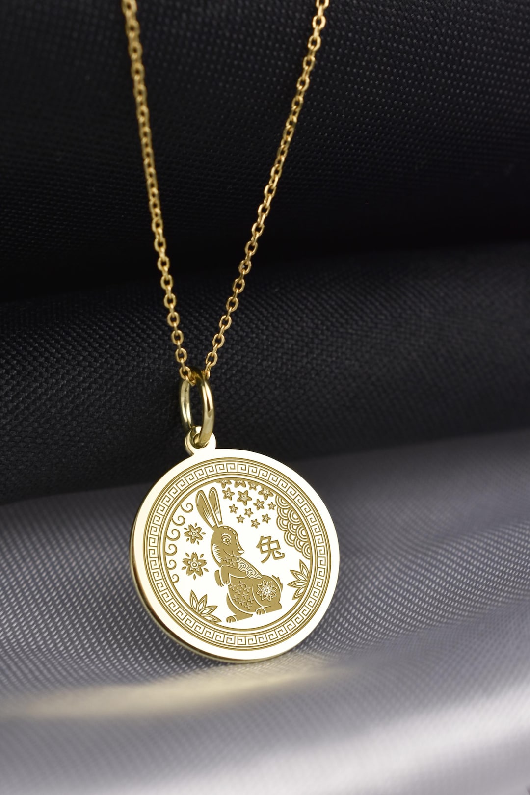 14K Solid Gold Rabbit Zodiac Necklace, Year of the Rabbit Charm, Star ...
