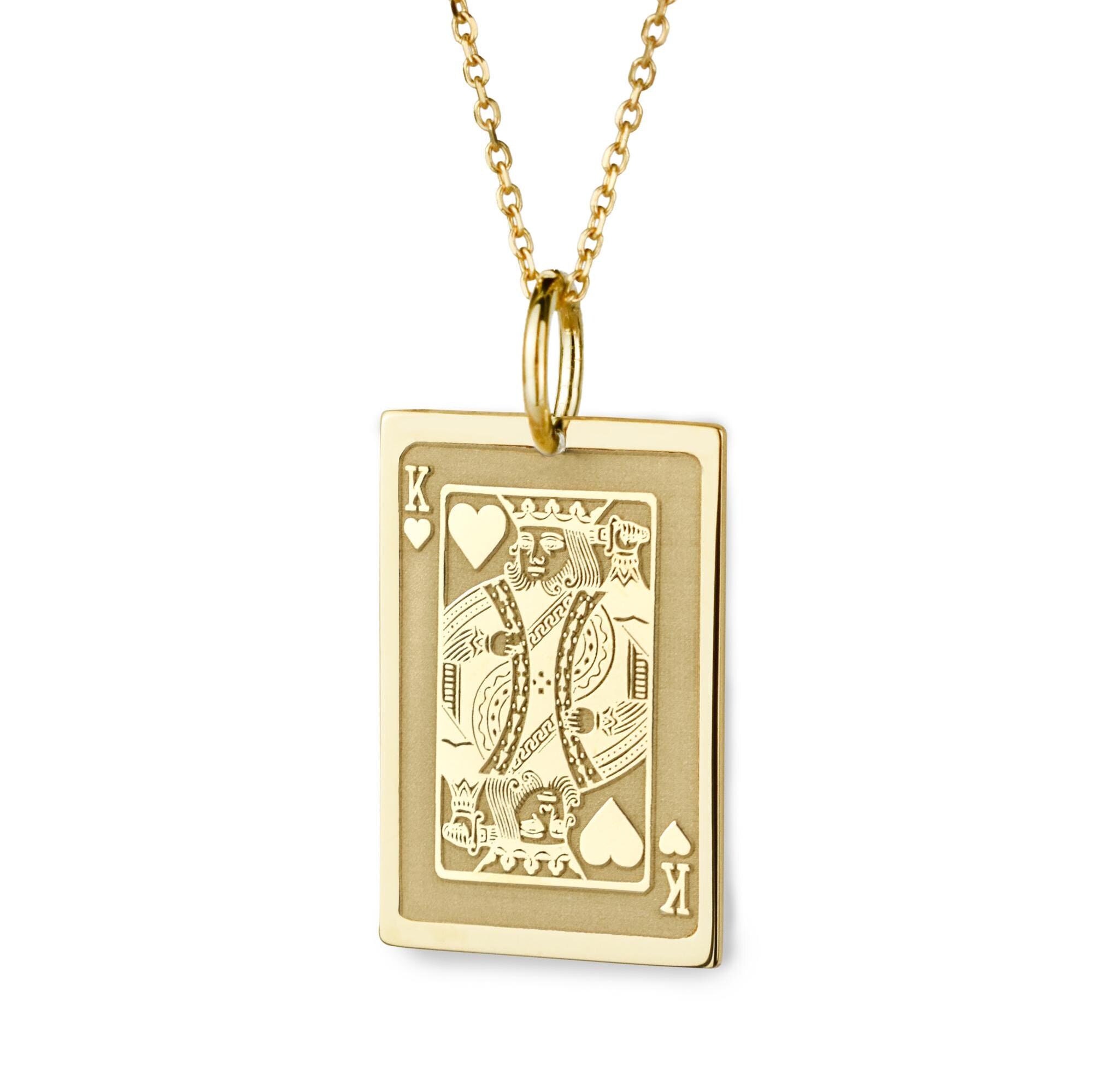 14Kゴールドキングオブハートトランプネックレス（男女兼用）、キングの幸運のお守りカード、ギャンブラーへのゴールドペンダント、カジノプレイヤーへのギフト  - Etsy 日本