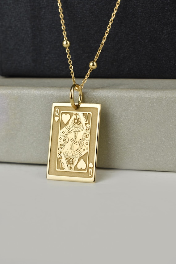 14K Solid Gold Königin Der Herzen Halskette, Spielkarte Anhänger