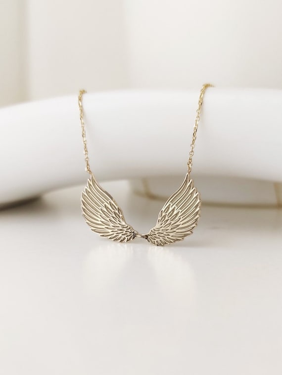 14K Real Solid Gold Wings Necklace, Dainty Angel Wings Disc Pendant, Women Gold Wings Choker, Gold Layering Wing Necklace, Gold Wings Gift