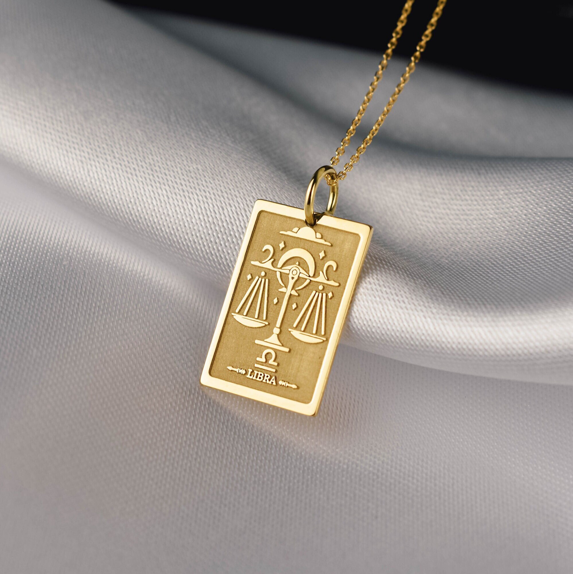 14K Gold Libra Necklace, Zodiac Sign Tarot Card Pendant, Astrological Sign Jewelry, Libra Sign Charm, Gift For Libra, October Birthday Gift