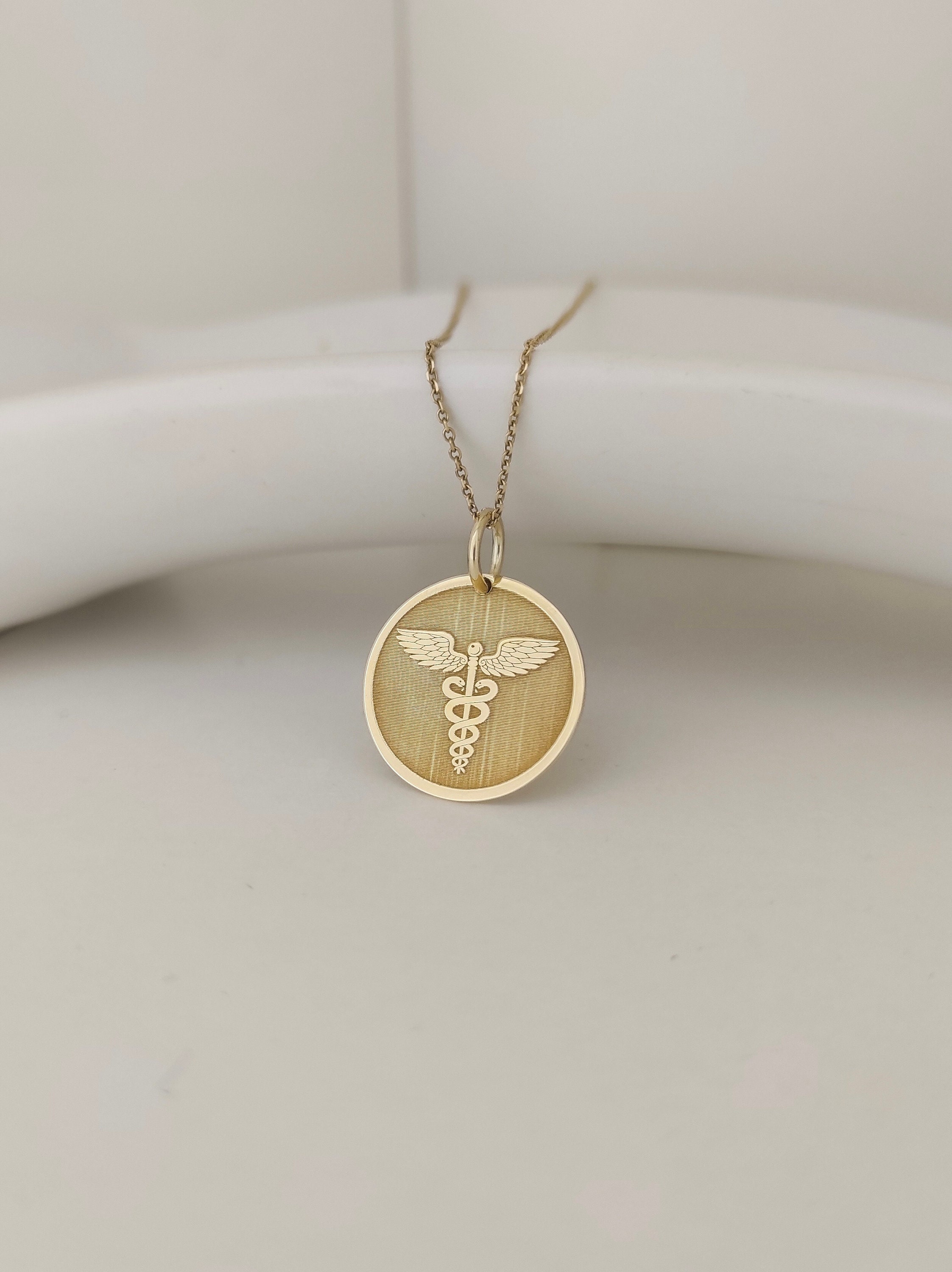 14K Real Solid Gold Medic Necklace, Caduceus Symbol Pendant, Rod of Asclepius Jewelry, Medical Alert Charm, Nurse Graduation Gold Necklace