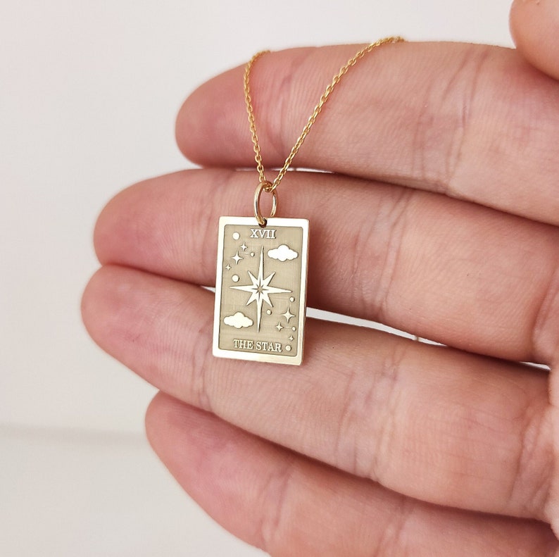 14K Solid Gold The Star Tarot Card Necklace, Gold Rectangle The Star Tarot Charm, Spiritual Tarot Card Pendant, Major Arcana Deck Jewelry image 1