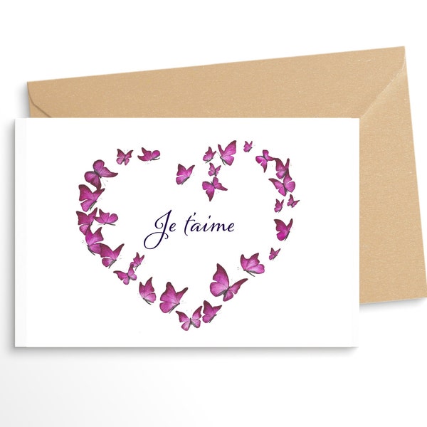 Carte double avec enveloppe Je t'aime fuchsia