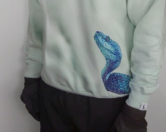Abstract Blue Viper Embroidered Heavy Sweater Unisex | Nature Inspired | Organic Cotton