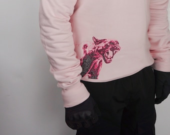 Abstract Pink Panther Embroidered Heavy Sweater Unisex | Nature Inspired | Organic Cotton