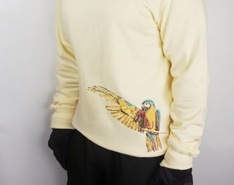 Blue Macaw Parrot Embroidered Heavy Sweater Unisex | Nature Inspired | Organic Cotton