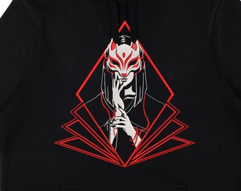 Embroidered Geisha Fox Mask Hoodie: Harajuku Japanese Art