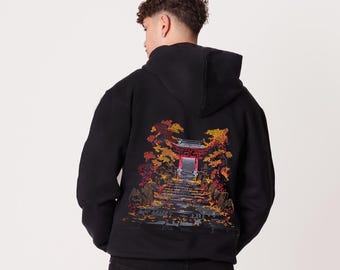 Bestickter Torii Tor Hoodie: Japanische Kunst, Bio-Baumwolle