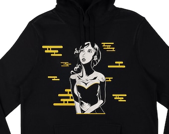 Embroidered Geisha Hoodie: Harajuku Japanese Art, Organic Cotton