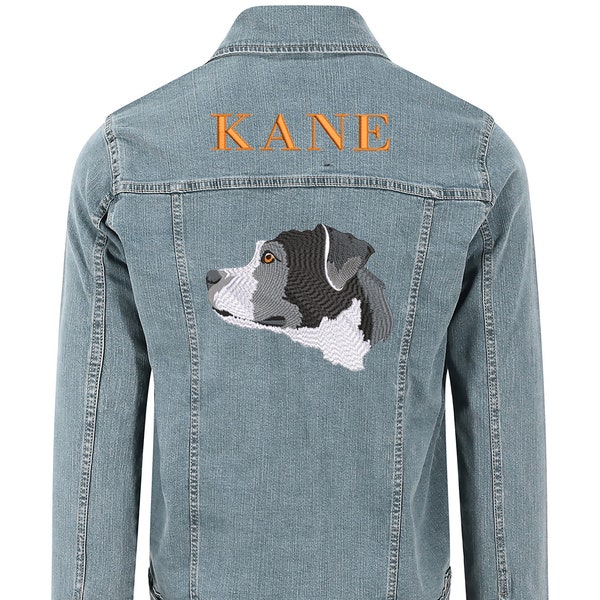 Veste en denim avec portrait d'animal de compagnie brodé | Veste en jean personnalisée| Commission sur les cadeaux pour animaux de compagnie