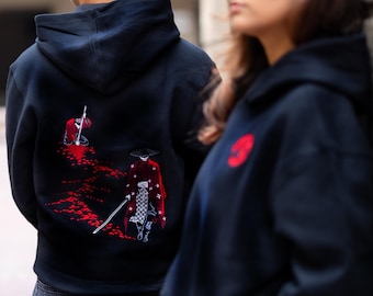 Bestickter Samurai Hoodie: Japanische Kunst, Bio-Baumwolle