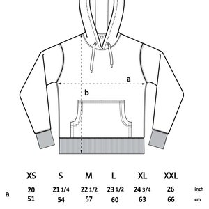 K&ouml;nnte beinhalten: Eine Gr&ouml;&szlig;entabelle f&uuml;r einen Hoodie mit Ma&szlig;en in Zoll und Zentimetern f&uuml;r die Gr&ouml;&szlig;en XS, S, M, L, XL und XXL. Die Tabelle zeigt die Ma&szlig;e f&uuml;r die Breite des Hoodies (a) und die L&auml;nge des Hoodies (b).