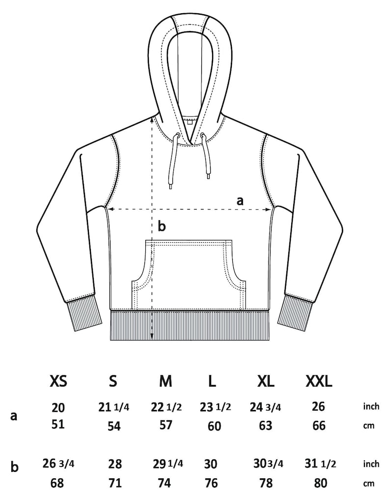 K&ouml;nnte beinhalten: Eine Gr&ouml;&szlig;entabelle f&uuml;r einen Hoodie mit Ma&szlig;en in Zoll und Zentimetern f&uuml;r die Gr&ouml;&szlig;en XS, S, M, L, XL und XXL. Die Tabelle zeigt die Ma&szlig;e f&uuml;r die Breite des Hoodies (a) und die L&auml;nge des Hoodies (b).