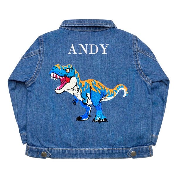 Cadeau dinosaure enfant sur mesure | Veste en jean brodée en denim de coton biologique avec LARGE écusson T-Rex | Vert, bleu ou rose !