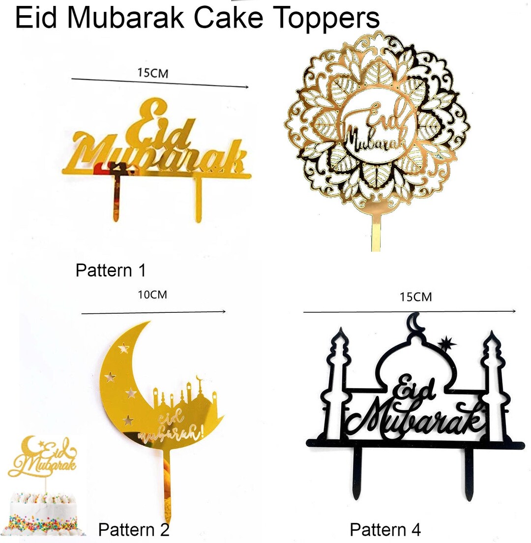 2 Pieces Eid Cake Decorations, Gold Eid Mubarak Cake Toppers Eid Baking