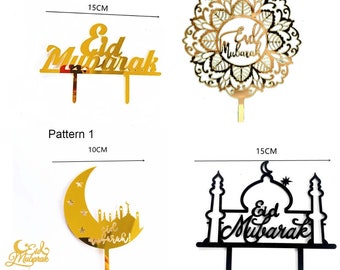 2 pieces Eid Cake Decorations, Gold Eid Mubarak cake toppers Eid baking decoration for Muslim Islam Eid party