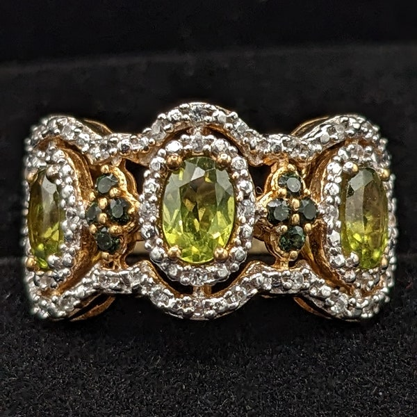 Genuine Vesuvianite and Multi Gemstone Statement / Cocktail / Three Stone Ring in 14K YG over Sterling Silver (size 6) (1.93 ctw)