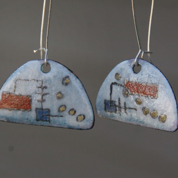 Earrings, vitreous enamel fired on copper base, Glass beads embedded within the enamel prior to firing within a kiln. Trudi StarbeckMiller