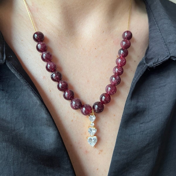 3 Heart Pattern Triple, Garnet Gemstone Gold Necklace For Women Charm Handmade Diamond Jewelry Minimalist Pendant Gift For Her DailyNecklace