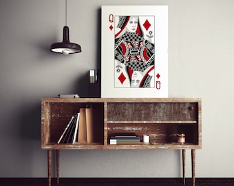 Queen of Diamonds Playing Card - Large format digital print download. 2-4-1 Full Colour AND Black and White file included