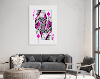 Queen of Diamonds Playing Card (Pink Drip) - Large format digital print download. 2-4-1 Full Colour AND Black and White file included