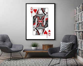Queen of Hearts Red Drip Playing Card - Large format digital print download. 2-4-1 Full Colour AND Black and White file included