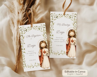 Baptism Favor Tags Bilingual, Sacred Heart of Jesus, Boy Baptism, Editable Canva, Thank You Tags