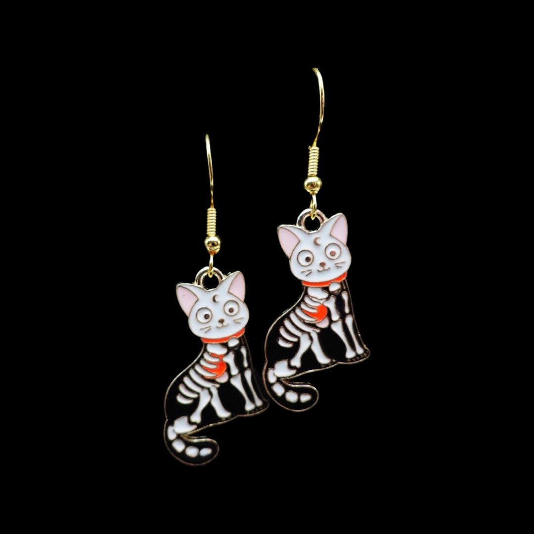 Hypoallergenic Skeleton Cat Earrings Skeleton Earrings Halloween Cat