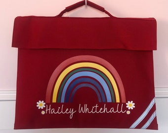 Personalised - rainbow & daisies childrens school bookbag. traditional uk school uniform colours available