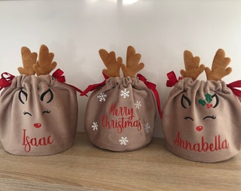 Personalised reindeer giftbag | Customised faux velvet reindeer with antlers mini treat bag. Xmas Christmas gift