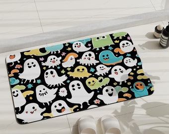 Tapis de bain en similicuir fantômes mignons, tapis de bain personnalisés antidérapants, tapis de bain fait main absorbant, tapis de bain esthétique drôle.